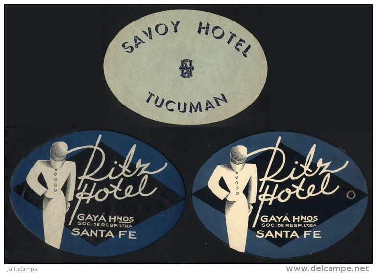 3 Hotel Luggage Labels, 2 (different) Of Ritz Hotel In Santa Fe, And Of Savoy Hotel, Tucumán, Circa 1950, VF... - Hotel- & Gaststättengewerbe