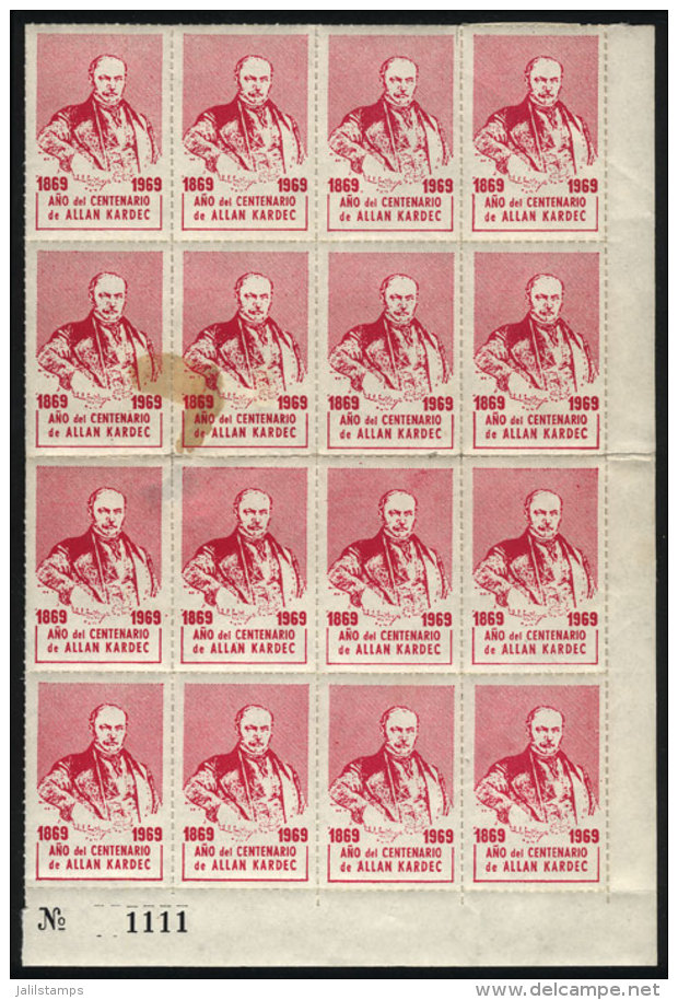 1969, Centenary Of ALLAN KARDEC, Large Block Of 16 Cinderellas, MNH, Most Of Excellent Quality (4 With Defects),... - Autres & Non Classés