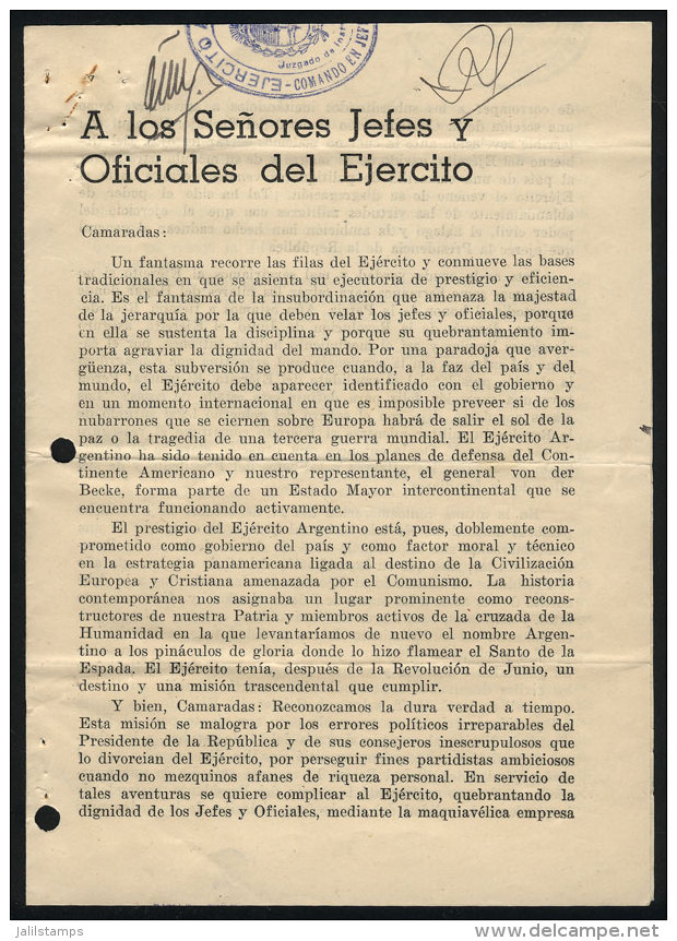 Interesting Anonymous Pamphlet That Circulated Among The Army Prior To The Military Coup Against PERON&acute;s 2nd... - Autres & Non Classés