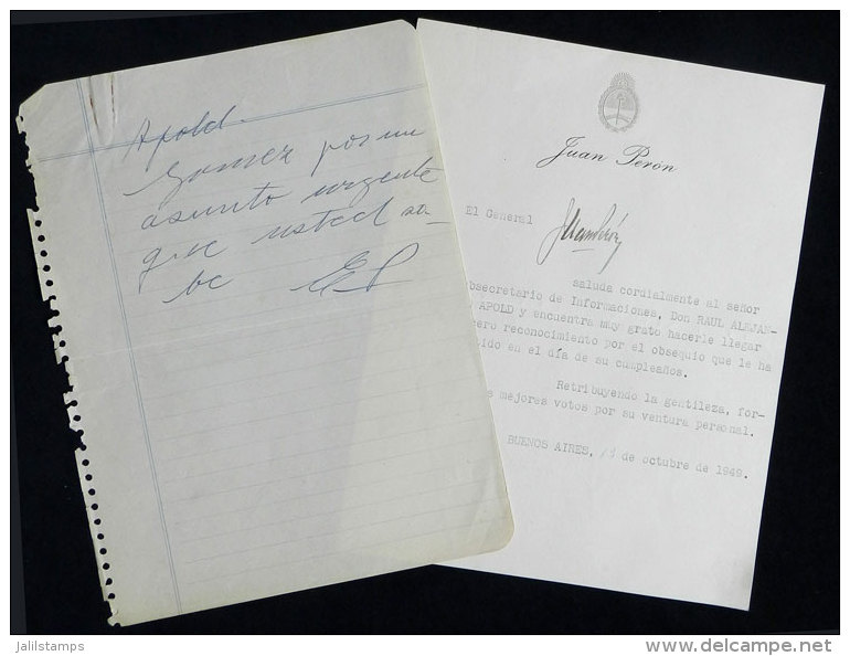 PERÓN, Juan &amp; Eva Duarte: Lettersheet With Letterhead Of Juan Perón With Note Addressed To The... - Autres & Non Classés