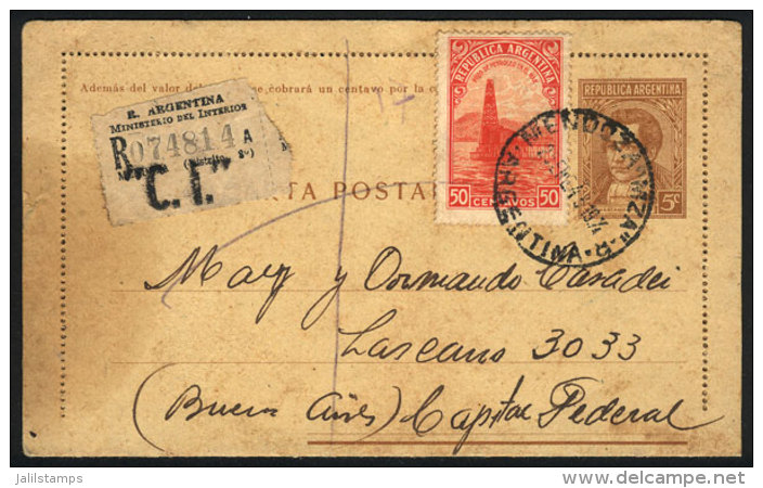 5c. Moreno Lettercard + 50c. Petroleum (total Postage 55c.) Sent By Registered Mail From Mendoza To B.Aires On... - Autres & Non Classés