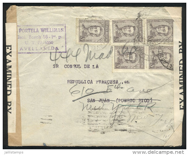 Cover Franked By GJ.741 X5, Sent In October 1942 From Avellaneda To PUERTO RICO And Re-addressed To New York, VF... - Sonstige & Ohne Zuordnung