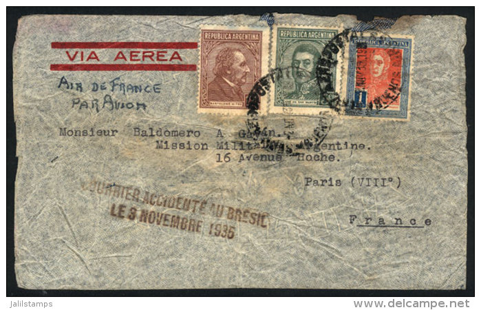 PLANE WRECK: Airmail Cover Sent From Buenos Aires To France Via Air France On 2/NO/1935, With Notable Damage... - Sonstige & Ohne Zuordnung