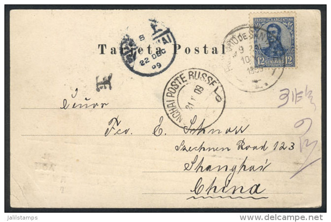 PC Franked By GJ.295, Sent From Rosario (8/NO/1909) To Shanghai, China. It Bears A Transit Mark Of The Russian Post... - Sonstige & Ohne Zuordnung