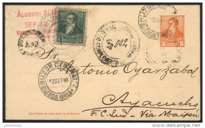 PS Card Of 3c. Rivadavia + GJ.139, Sent From Buenos Aires To Ayacucho On 13/SE/1893. It Was Fined For Insufficient... - Sonstige & Ohne Zuordnung