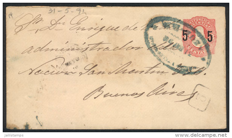 Provisional 5c. PS Cover, With Rare Bluish-green Oval Cancel Of AZUL 31/MAY/1891, Arrival Backstamp Of Buenos... - Sonstige & Ohne Zuordnung