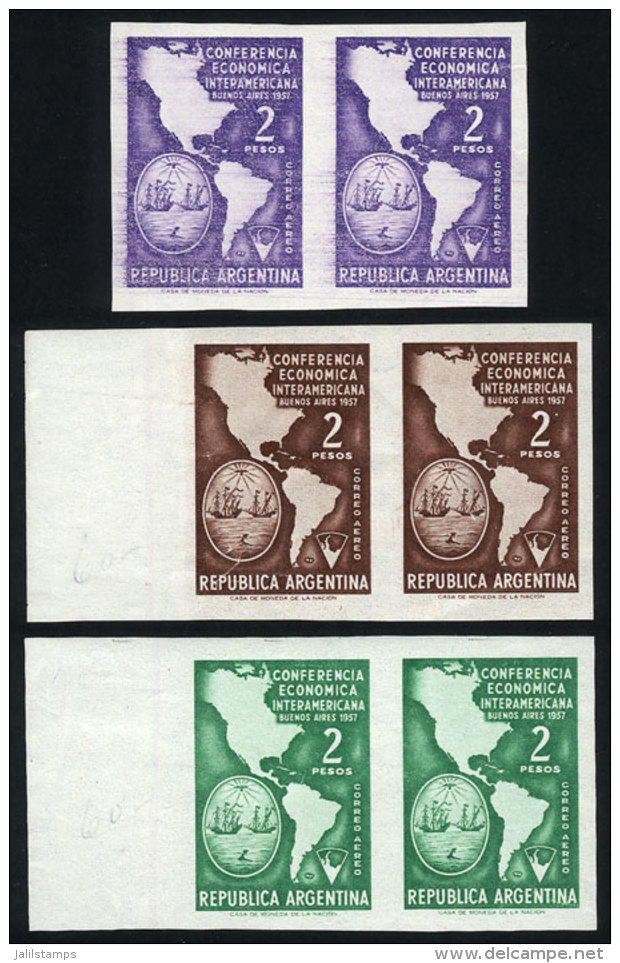 GJ.1083, 1957 Economic Conference (map, Ships, Coat Of Arms), TRIAL COLOR PROOFS: 3 Imperforate Pairs Printed On... - Luchtpost