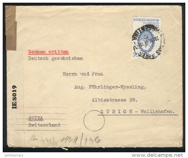 GJ.898 Franking ALONE A Cover Sent From B.Aires To Switzerland On 26/JA/1944, With English And German Censor... - Sonstige & Ohne Zuordnung