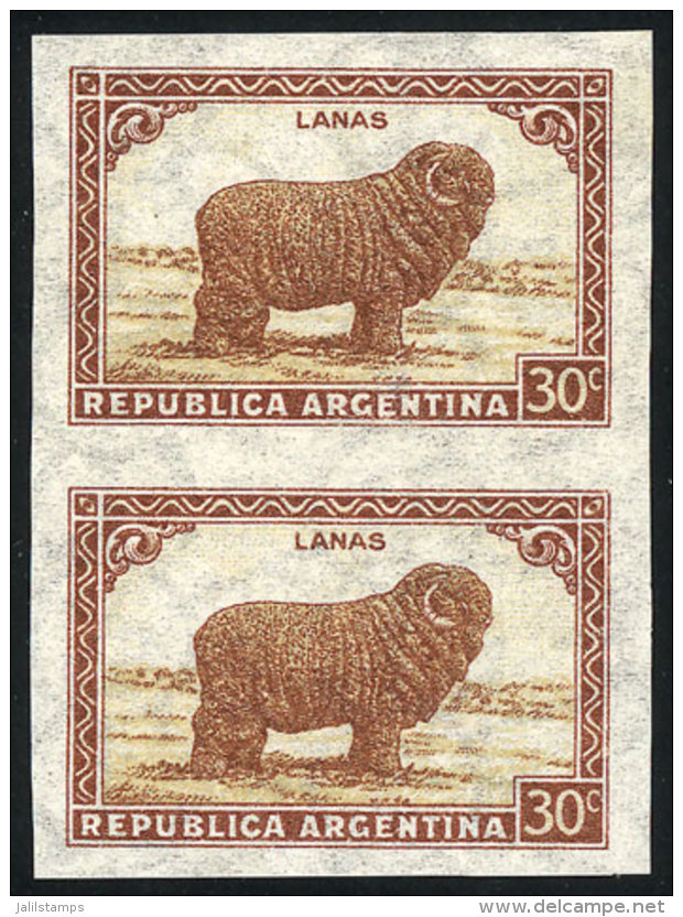 GJ.788P, 30c. Sheep, Sun With Straight Rays Wmk, Variety: IMPERFORATE PAIR, Excellent Quality! - Autres & Non Classés