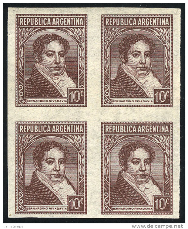 GJ.774AP, 10c. Rivadavia, National Unsurfaced Paper, IMPERFORATE BLOCK OF 4, VF Quality! - Other & Unclassified