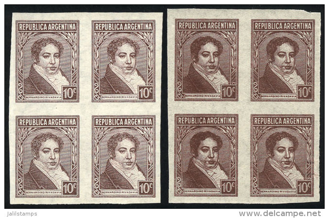 GJ.774AP, 1935/52 10c. Rivadavia Printed On National Unsurfaced Paper, 2 Imperforate Blocks Of 4, VERY DIFFERENT... - Autres & Non Classés