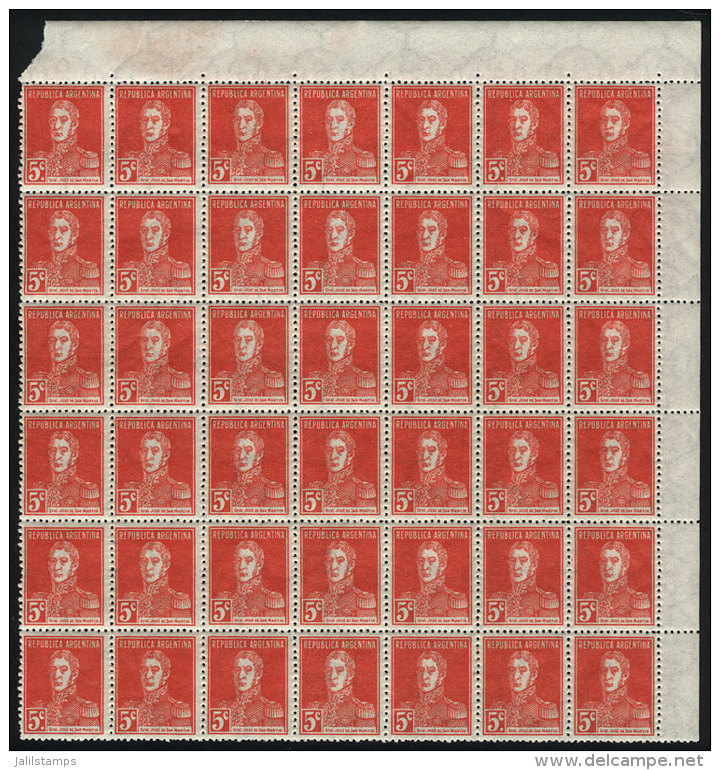 GJ.629 + 629d, 1927 5c. San Martín With AP Watermark, Beautiful Corner Block Of 42, 4 Stamps With "PERIOD... - Sonstige & Ohne Zuordnung
