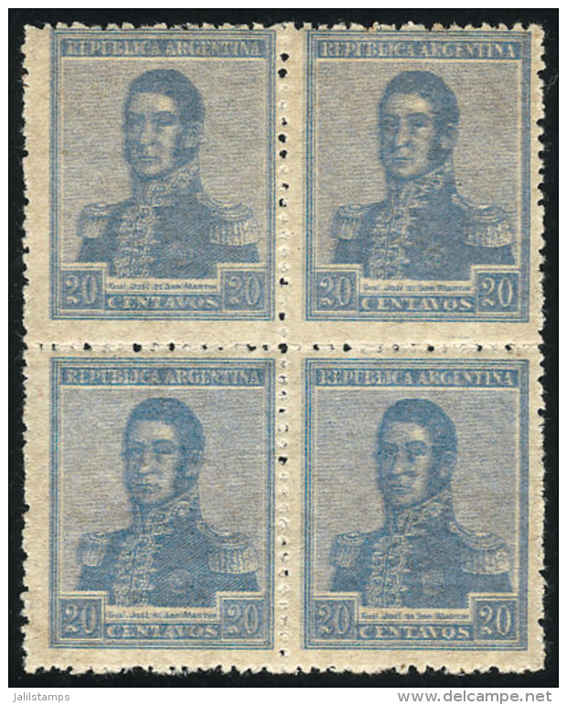 GJ.472a, 1918 20c. San Martín Unwatermarked, Block Of 4 With COMPLETE DOUBLE IMPRESSION Var., Excellent... - Sonstige & Ohne Zuordnung