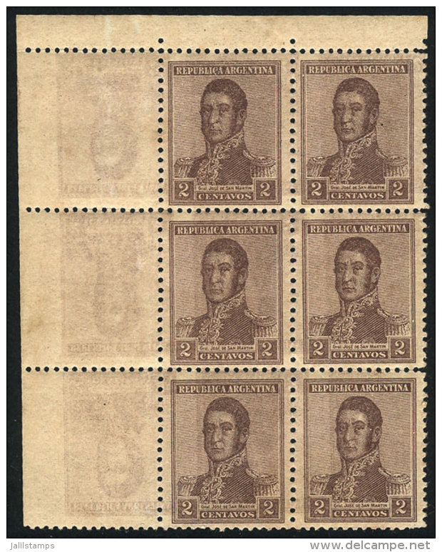 GJ.459a, 1918 2c. San Martín Unwatermarked, Block Of 6 With Variety: DOUBLE IMPRESSION, One Inverted (very... - Autres & Non Classés