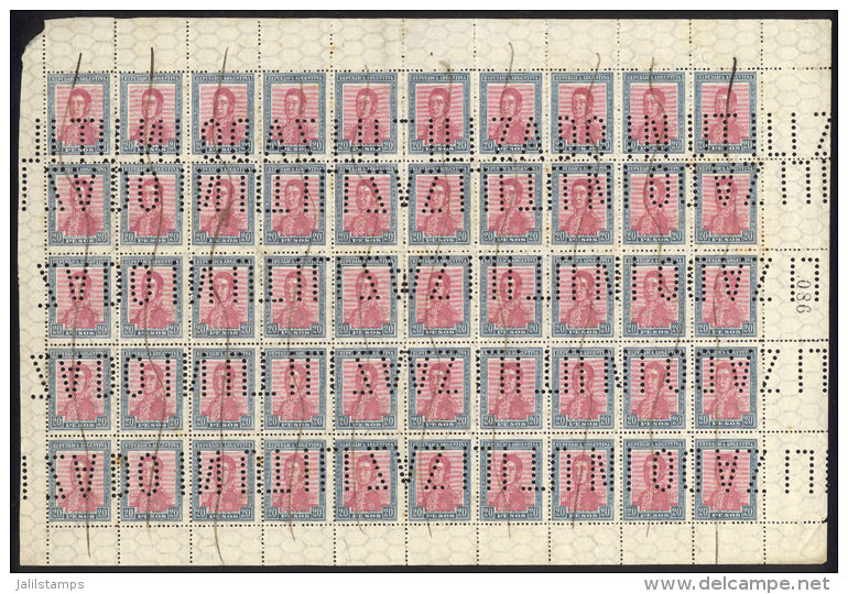 GJ.455O, 1917 20P. San Martín With Horizontal Honeycomb Wmk, Complete Sheet Of 50 Examples Punched ... - Sonstige & Ohne Zuordnung