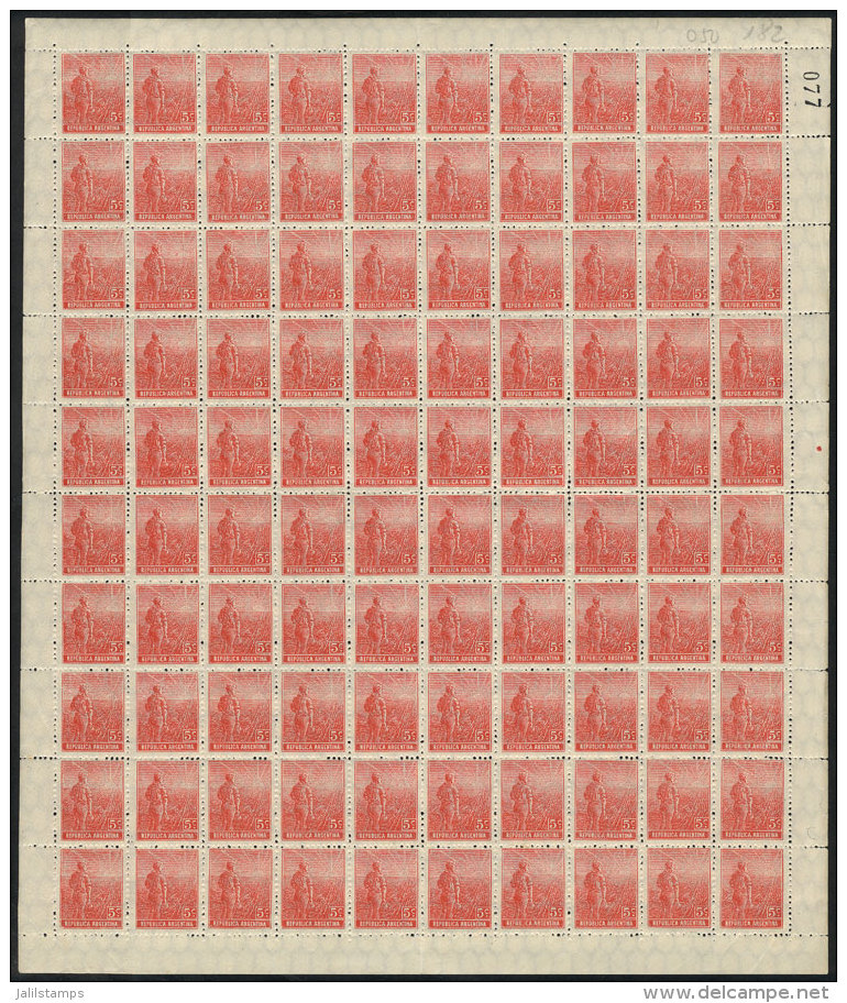 GJ.342, 1912 5c. Plowman, Vertical Honeycomb Wmk, German Paper, COMPLETE SHEET Of 100 Stamps, Unmounted, Very Fine... - Autres & Non Classés