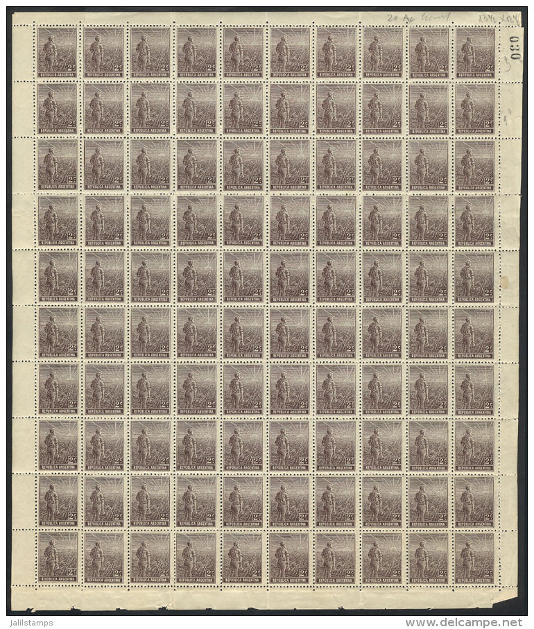 GJ.321, 1911 2c. Plowman, Sun Wity Wavy Rays Wmk, COMPLETE SHEET Of 100 Stamps (WITH VARIETY: Offset Impression Of... - Sonstige & Ohne Zuordnung
