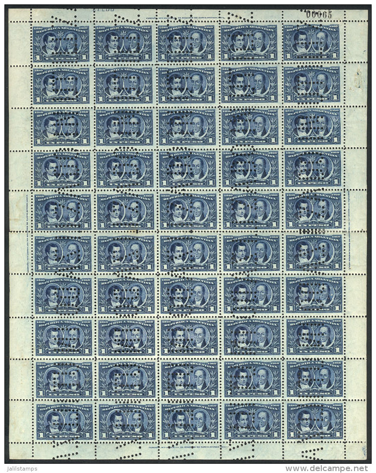 GJ.312O, 1910 1P. Centenary Of The May Revolution, Complete Sheet Of 50 Examples Punched "INUTILIZADO" (used For... - Autres & Non Classés