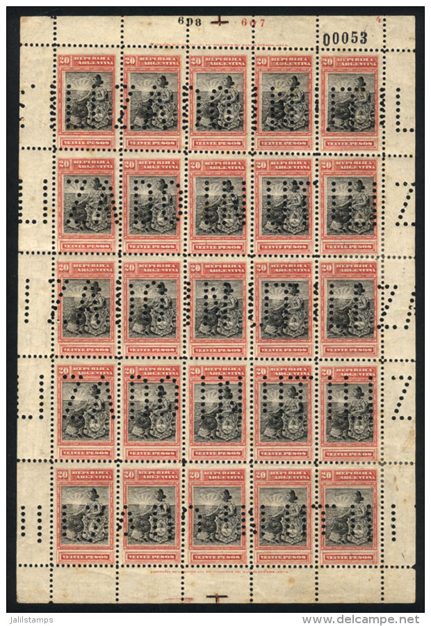 GJ.238O, 1899 20P. Seated Liberty, Complete Sheet Of 25 With Bulk Mail "INUTILIZADO" Punch Cancel, Stained Gum,... - Andere & Zonder Classificatie