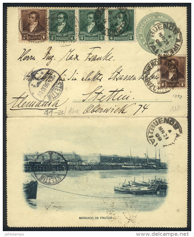 GJ.176 (strip X3) + 175 X2 On 4c. Postal Letter With View On Reverse (fruit Market), Sent From Buenos Aires To... - Autres & Non Classés