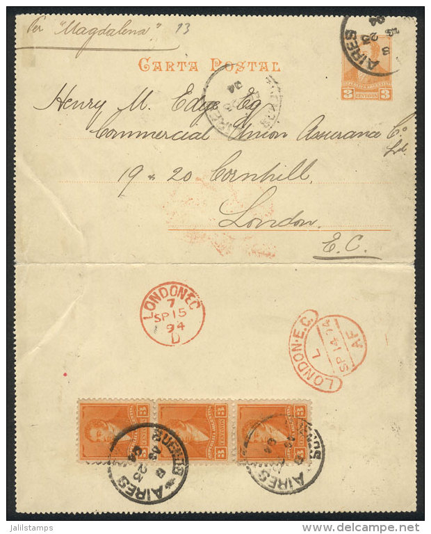 GJ.140 Strip Of 3 On 3c. Wrapper, Sent From Buenos Aires To London 23/AUG/1894, Excellent Quality! - Sonstige & Ohne Zuordnung