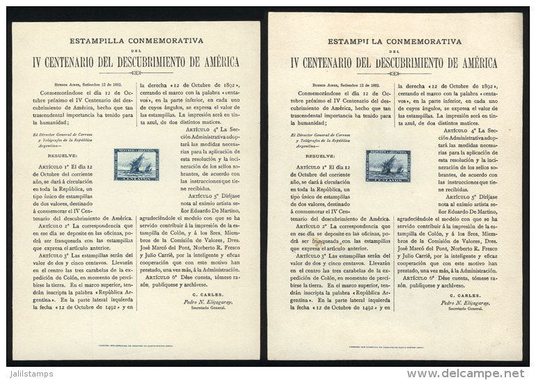 GJ.135/136, 1892 Discovery Of America (Columbus Ships), The Set Of 2 Die Proofs With The Decree Of The Issue,... - Sonstige & Ohne Zuordnung