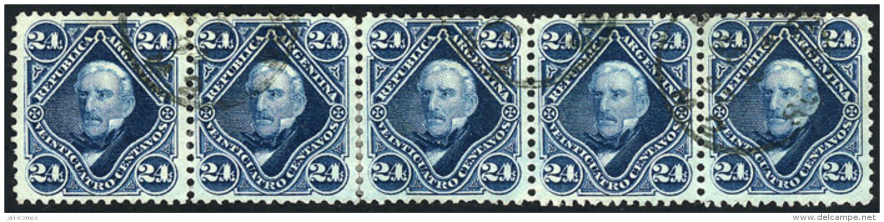 GJ.55, 1877 24c. San Martín, Used Strip Of 5, VF Quality, Rare! - Other & Unclassified