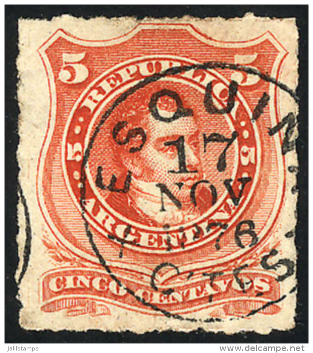 GJ.48, 1876 5c. Rivadavia Rouletted, Used With Rare Cancel Of ESQUINA (Corrientes), VF Quality! - Autres & Non Classés