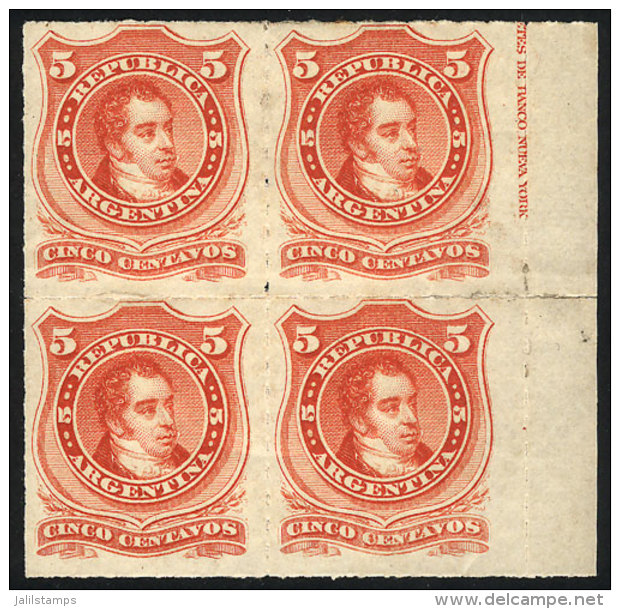 GJ.48, 1876 5c. Rivadavia Rouletted, Mint Block Of 4 With Sheet Margin With Printer Imprint, Very Fresh And... - Sonstige & Ohne Zuordnung