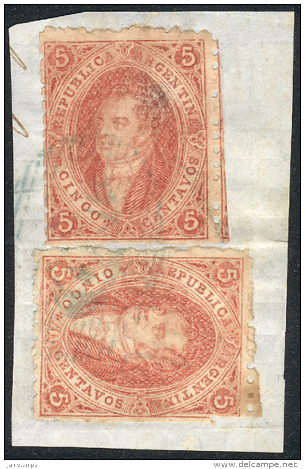 GJ.19i + 19, 1st Or 2nd Printing, 2 Examples (one Mulatto) On Fragment With Blue OM Cancel, Superb! - Oblitérés