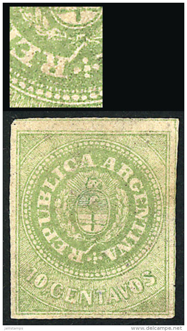 GJ.11, 10c. Yellow-green Without Accent, Mint No Gum, With Very Rare Variety: "very Notable Small Diagonal White... - Neufs