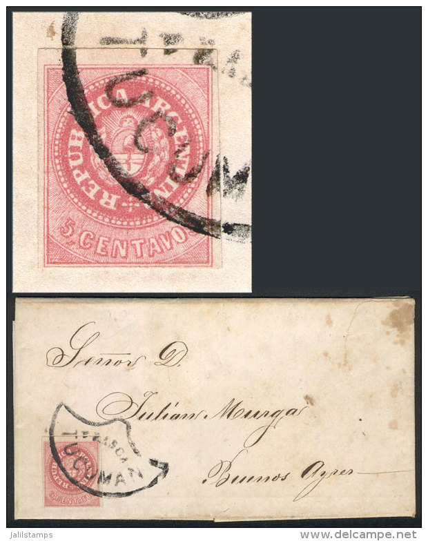 GJ.7 (Seal Of 5c. With Accent) Franking A Compl. Folded Letter Dated 19/AP/1864!, With Fan TUCUMÁN-FRANCA... - Oblitérés