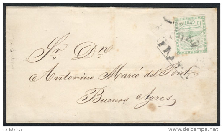 GJ.2, 1858 10c. Green On Folded Cover Dated 24/MAR/1859, To B.Aires, With Horseshoe CÓRDOBA-FRANCA Cancel,... - Gebraucht