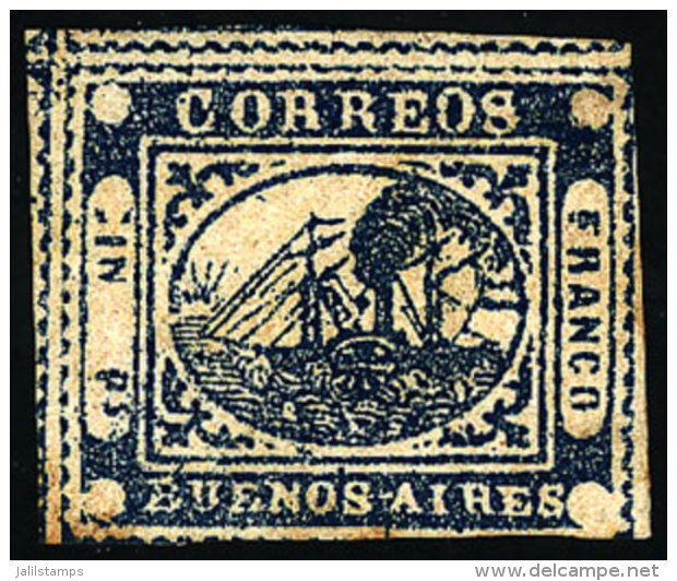 GJ.11A, IN Ps. Dark Blue, Mint, With 3 Margins (2 Are Huge And With Part Of Adjacent Stamps), Very Nice, Catalog... - Buenos Aires (1858-1864)