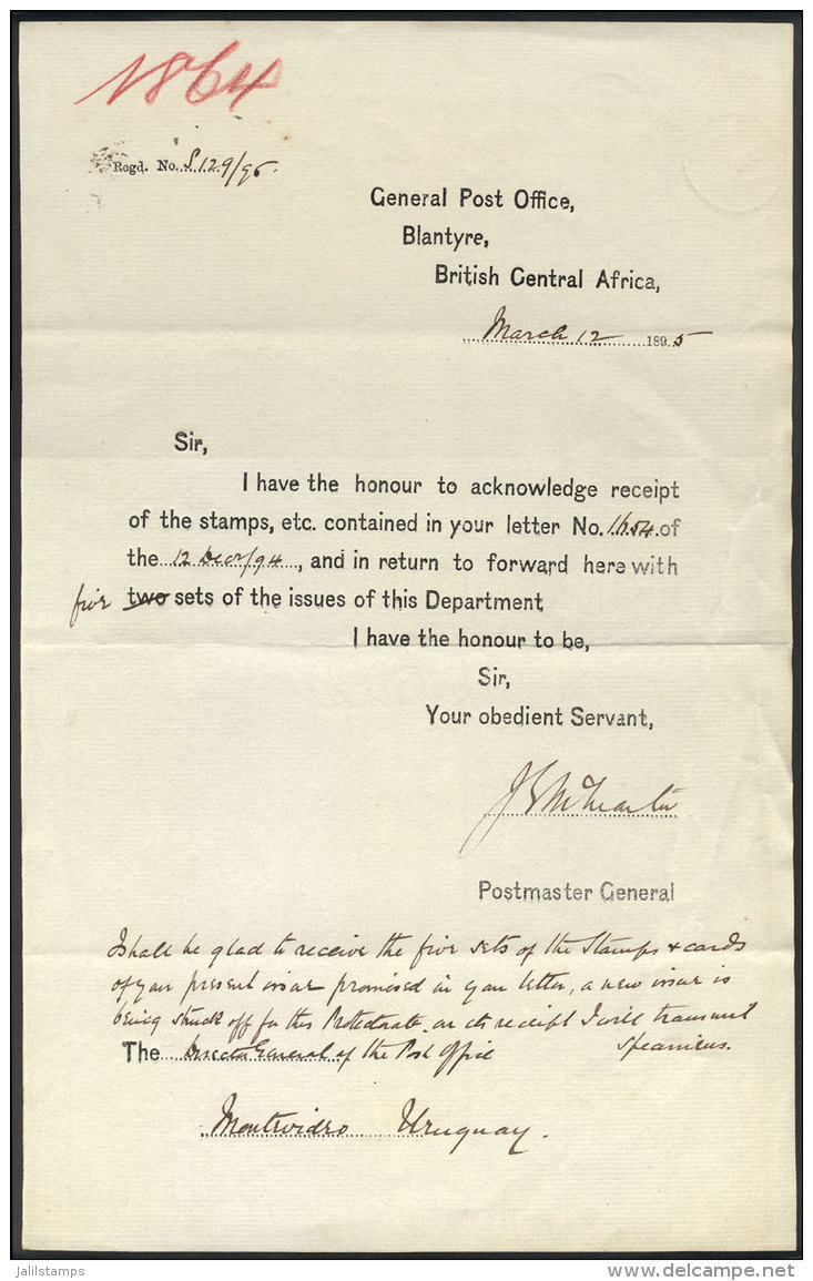 Note Of The Mail Sent From Blantyre To Uruguay In MAR/1895, About Exchange Of SPECIMEN Stamps Between Both... - Centrafricaine (République)