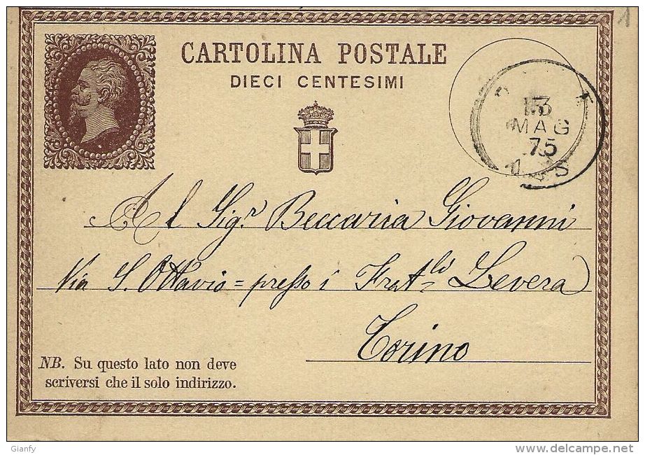 INTERO REGNO VITTORIO EMANUELE II 10 C 1875 PAVIA X TORINO - Entero Postal