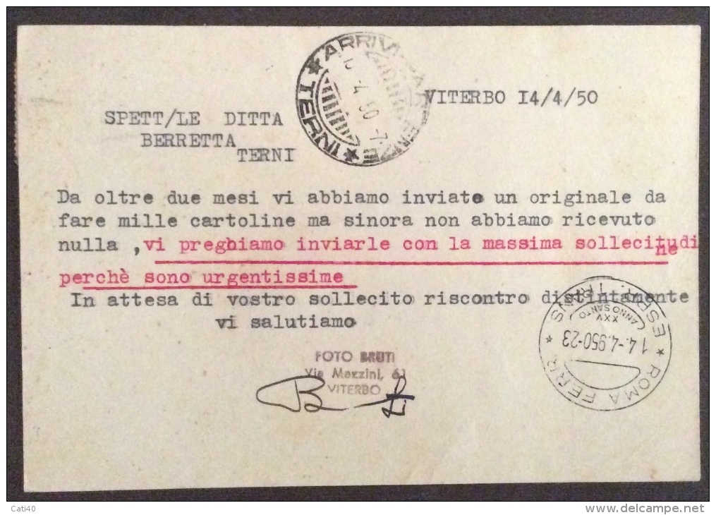 ESPRESSI L.25 Due Pezzi + L.5  VITERBO 1950 CARTOLINA  Studio Arte Fotografica Di BRUTI SECONDO  CON FIRMA AUTOGRAFA - 1946-60: Poststempel