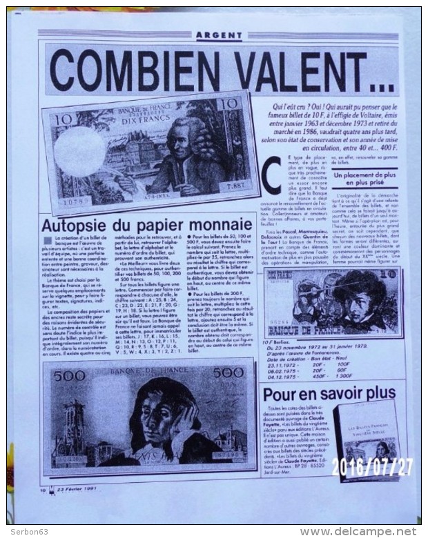 2 PHOTOCOPIES NB D'ARTICLES COMBIEN VALENT CES BILLETS DE BANQUE FRANÇAIS DU 23 FÉVRIER 1991 JOURNAL JOURNAUX QUOTIDIENS - Historical Documents