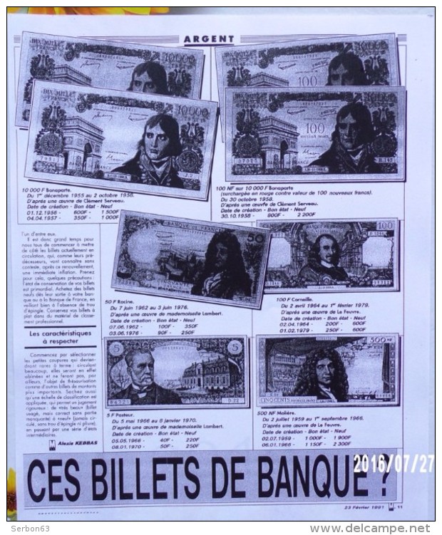 2 PHOTOCOPIES NB D'ARTICLES COMBIEN VALENT CES BILLETS DE BANQUE FRANÇAIS DU 23 FÉVRIER 1991 JOURNAL JOURNAUX QUOTIDIENS - Historical Documents