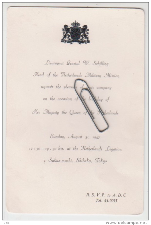 Invitation   Queen Of Netherlands   Tokyo 1947 - Zonder Classificatie