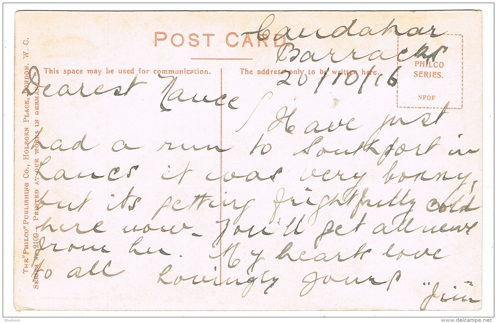 RB 1109 - 1916 Postcard - High Tide Southport Lancashire - Written At Candahar Barracks - Southport