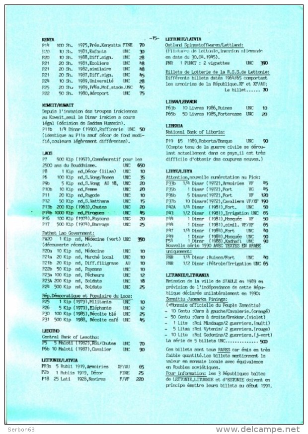 1 CATALOGUE LISTE 1991-1 COLLECTION PAPIER MONNAIE FRANCE ET ETRANGER 21X15cm EDITIONS DANIEL DENIS 29 PAGES - Francese