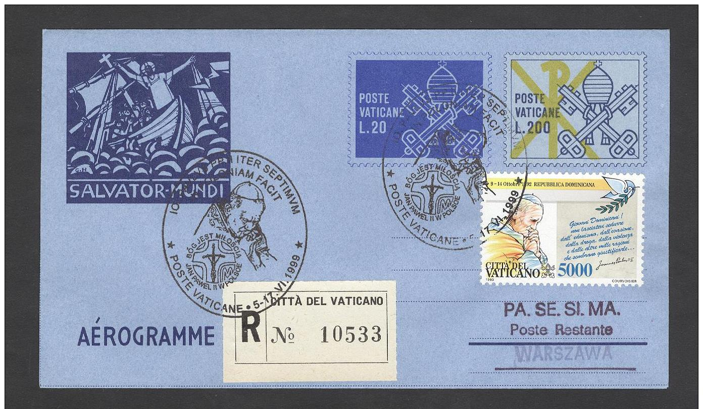 VATICAN 1999 AEROGRAMME REGISTERED POPE JOHN PAUL II Travel To WARSZAWA (POLAND) (9351 - Lettres & Documents