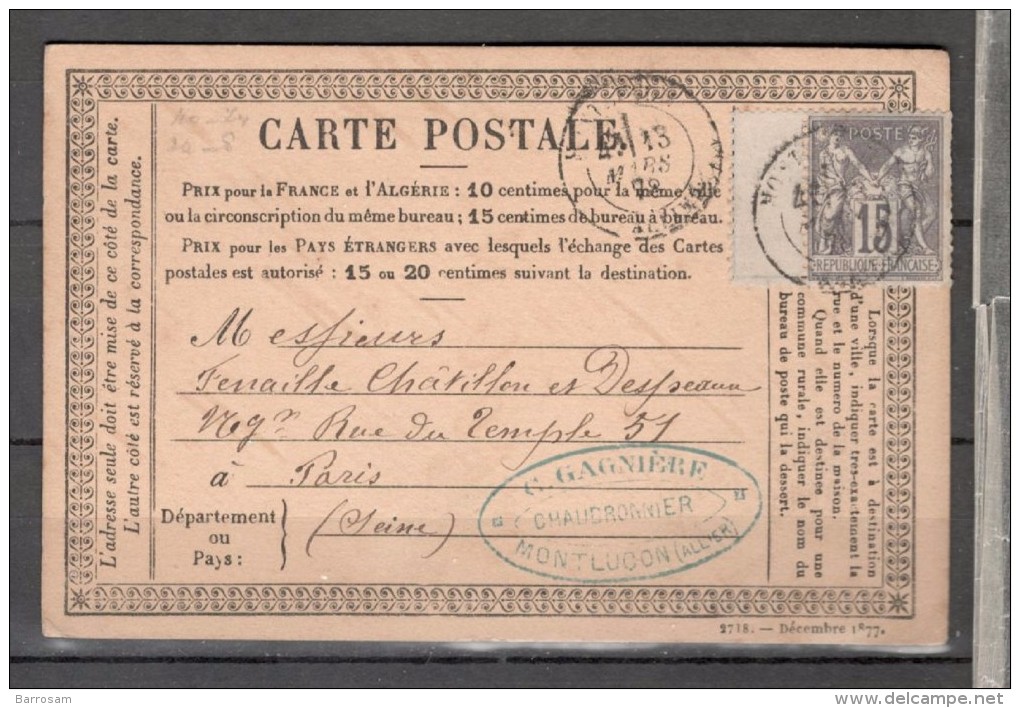 France1878:Card With Yvert66 - Precursor Cards