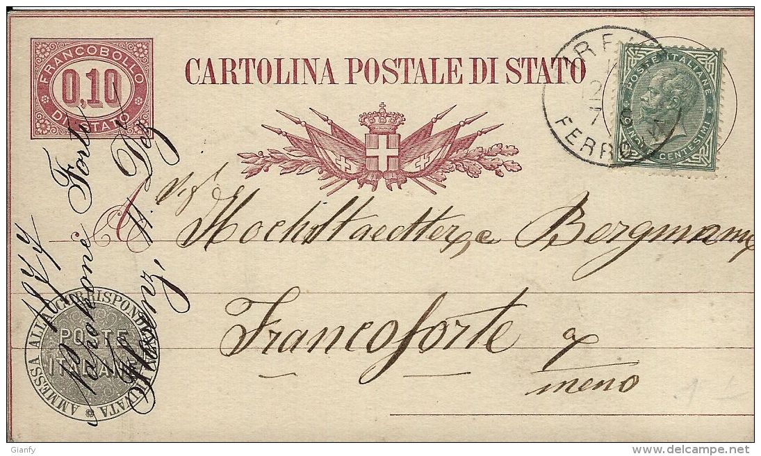 INTERO REGNO SERVIZIO DI STATO 10 C + 5 C 1878 FIRENZE X FRANCOFORTE GERMANIA - Postwaardestukken