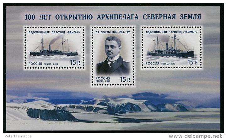 RUSSIA,2013,100TH ANNIVERSARY OF DISCOVERY OF ARCTIC ARCHIPELAGO, SHIPS, SHEETLET - Expediciones árticas