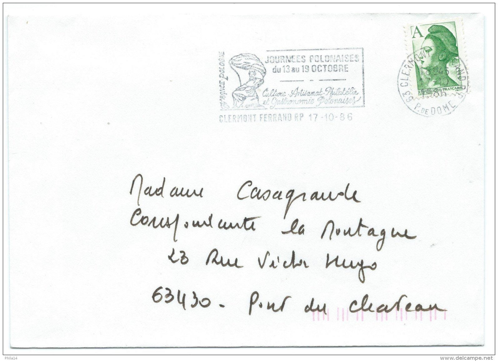 MARIANNE LIBERTE SUR ENVELOPPE  / CLERMONT FD PUY DE DOME / 1986 / JOURNEES POLONAISES - 1961-....