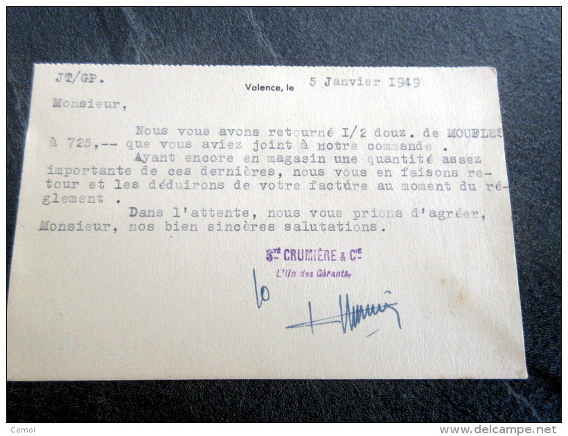 Carte-lettre - Crumière & Cie 5 Place Madier Montjau,  Valence (26) - 1949 - Autres & Non Classés