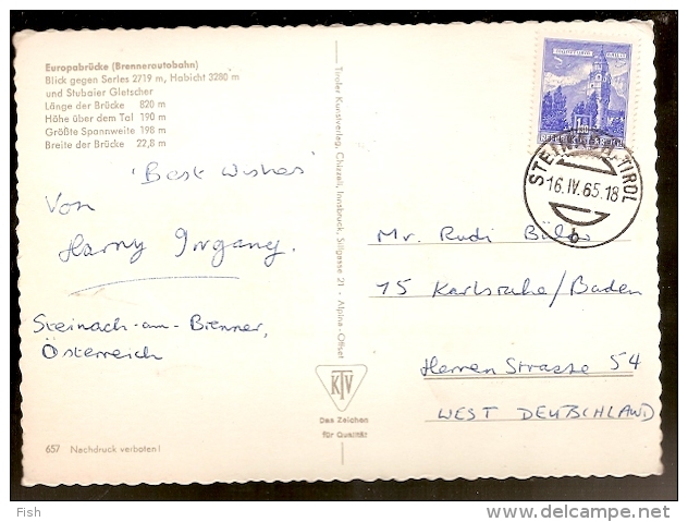 Austria & Used Postal,  Eurobruke, Steinach, Tirol, Karsruhe Germany 1965 (34) - Steinach Am Brenner