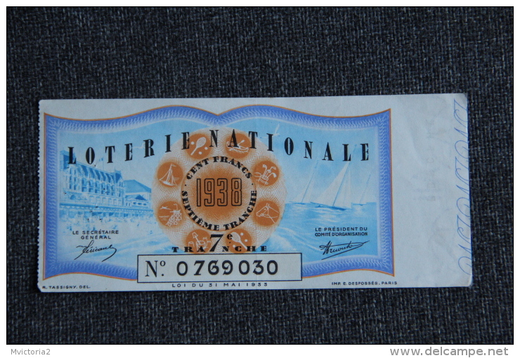 BILLET DE LOTERIE NATIONALE - 1938, 7 ème Tranche. - Billets De Loterie